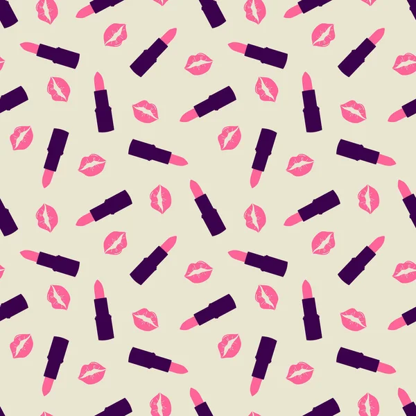 Besos rosados y patrón sin costuras de lápiz labial. Patrón cosmético sin costura. Diseño para la industria de la belleza, publicidad, San Valentín — Vector de stock