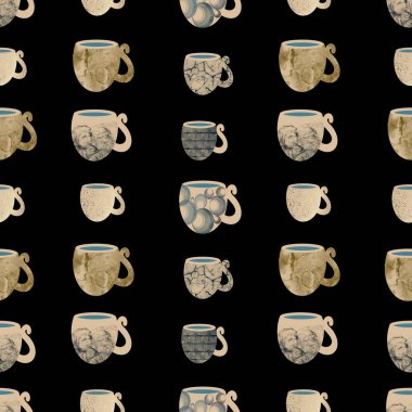 .Seramik altın bardaklar kusursuz desen. Elle çizilmiş illüstrasyon. Tasarım mutfak aksesuarları, peçeteler, havlular, tekstil için moda arka planı