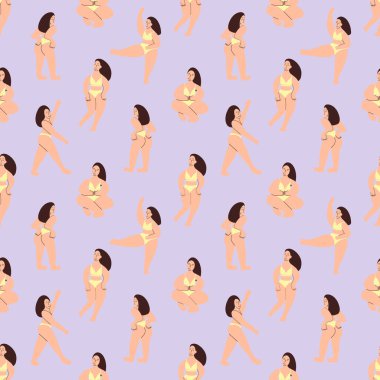 Vücut pozitifliği olan kızlar kusursuz. Kıvrımlı bir model vücudunu gösteriyor. Vektör illüstrasyonu