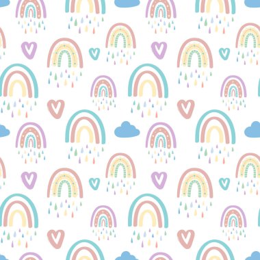 Sevimli gökkuşağı ve kalpler pürüzsüz desen. Sevgililer Günü için romantik bir şablon. Yaratıcı çocuklar İskandinav tarzında illüstrasyon. Vektör