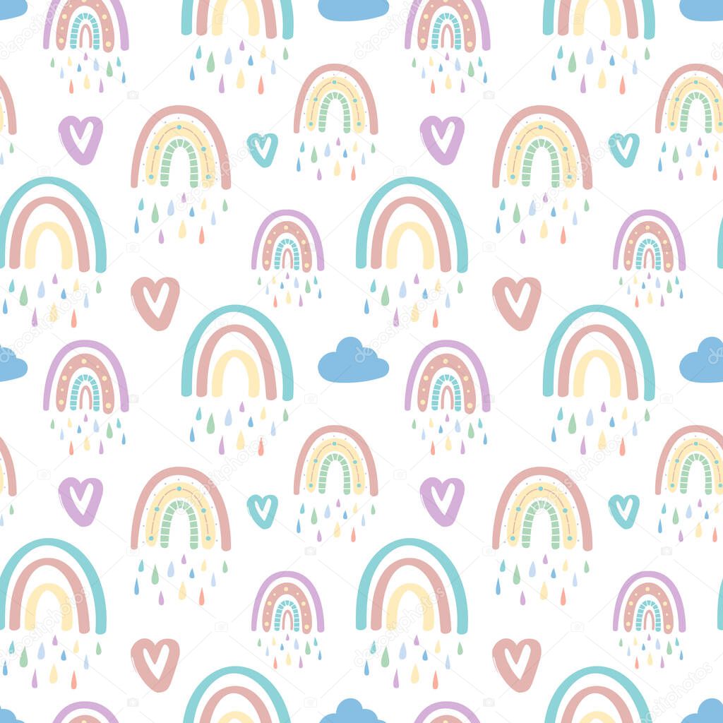 Cute rainbow and hearts seamless pattern. Romantic pattern for Valentines Day.Creative childrens illustration in a fashionable Scandinavian style. Vector