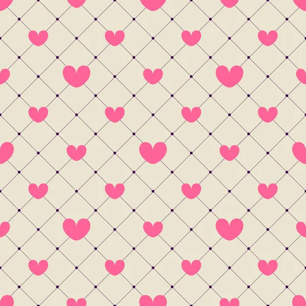 Corazones rosados sobre un fondo amarillo a cuadros. patrón sin costuras. diseño para el día de San Valentín, tarjetas de invitación, papel de embalaje, textiles, decoraciones de boda — Archivo Imágenes Vectoriales