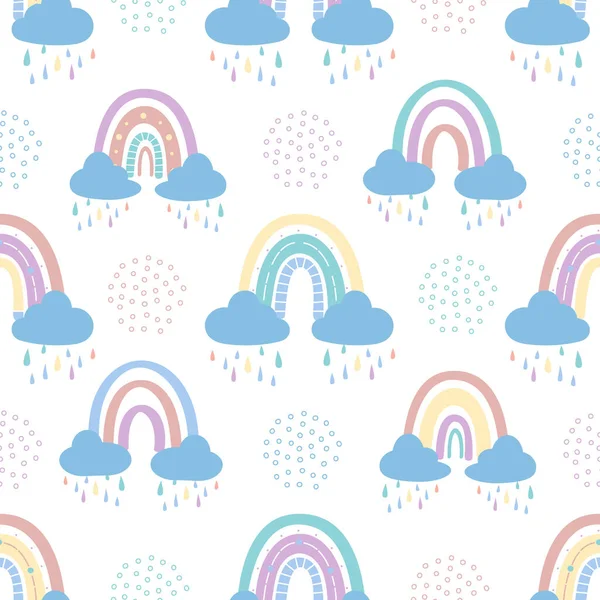 Arco iris con nubes y gotas de lluvia patrón sin costuras — Archivo Imágenes Vectoriales