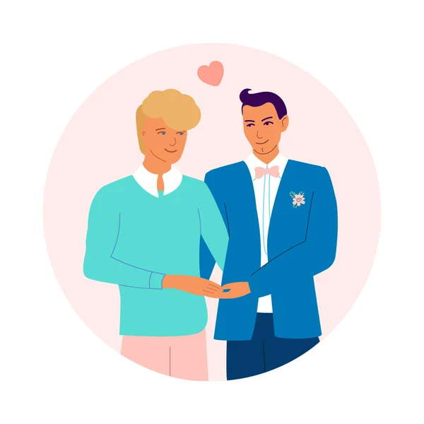 Gay newlyweds holding hands. gay couple. he concept of LGBT. Design for Valentines Day, Wedding. Vector — Stock Vector
