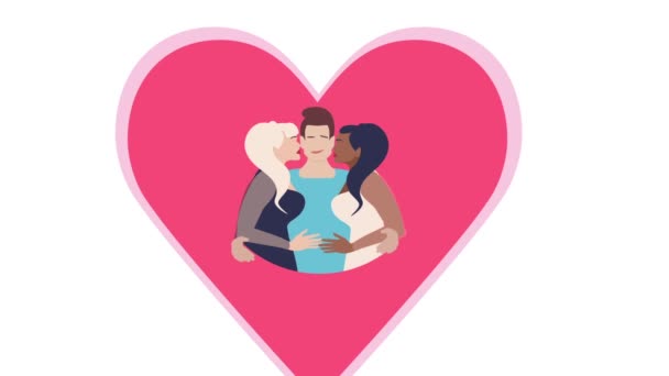 Polyamori. Två unga vackra flickor kysser en kille. Kärlek triangel.Polygama relationer.Öppen relation. Kärlekstriangel — Stockvideo