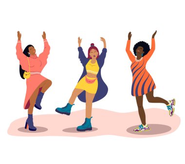 Farklı milletlerden genç kadınlar dans eder. Modaya uygun giyinmiş kızlar bir partide eğlenir. Çizgi film düz vektör çizimi. Uluslararası Kadınlar Günü