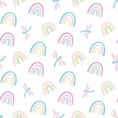 Şirin gökkuşağı ve yusufçuk desenli. Sessiz pastel renklerde İskandinav deseni. El çizimi vektör çizimi. Tekstil, ambalaj ve ambalaj için tasarım