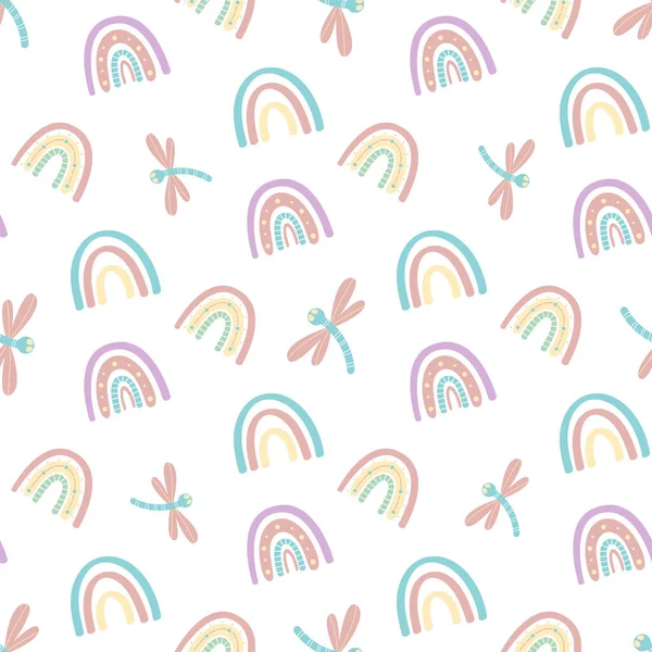 Niedlichen Regenbogen und Libelle nahtlose Muster. Skandinavisches Muster in gedeckten Pastelltönen. Handgezeichnete Vektorillustration. Design für Textilien, Verpackungen, Verpackungen — Stockvektor