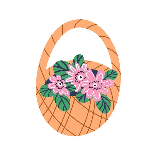 Una cesta trenzada con flores rosadas está aislada sobre un fondo blanco. Ilustración plana de dibujos animados — Archivo Imágenes Vectoriales