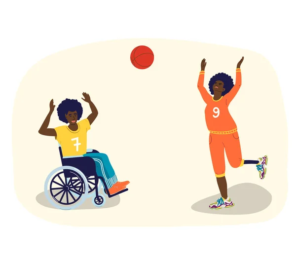 Неповносправні грають у баскетбол. Афроамериканські підлітки з інвалідністю грають у баскетбол. Хлопець у інвалідному візку. Дівчинка з протезом ноги. Векторна ілюстрації — стоковий вектор