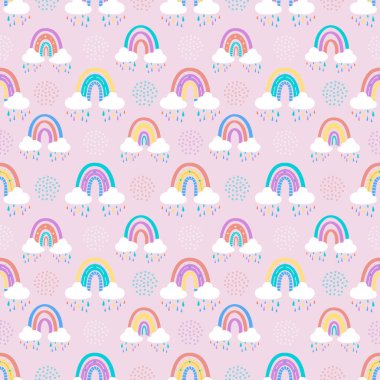 Bulutlu ve yağmur damlalı gökkuşağı, karalamalar ve daireler kusursuz bir şablon içinde.