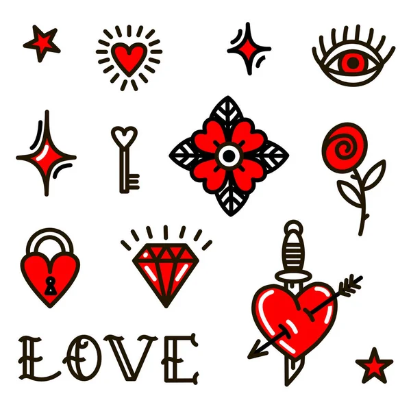 San Valentín amor símbolos en el estilo de la vieja escuela. Ilustración vectorial para el día de San Valentín, pegatinas, tatuajes — Archivo Imágenes Vectoriales