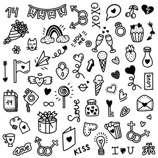  Sevgililer Günü aşk seti. Karalama tarzında vektör illüstrasyonu. Sevgililer Günü için tasarım, Düğün