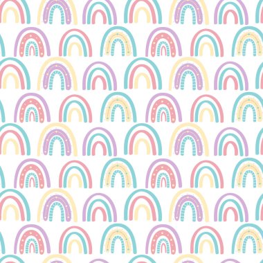 .Soyut gökkuşağı kusursuz desen. Soluk renkli çocuk desenleri. El çizimi vektör çizimi. Tekstil, ambalaj ve ambalaj için tasarım