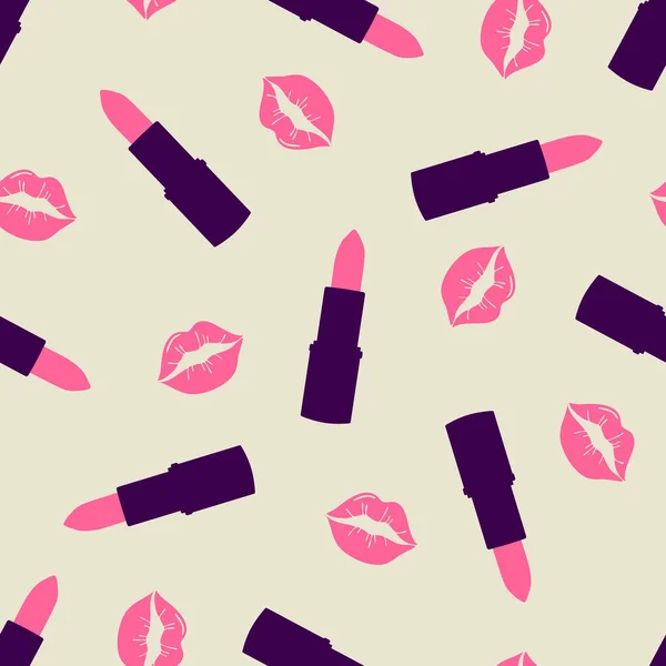 Glamoureuze mode naadloos patroon met gouden lippenstift en kusjes. Cosmetisch naadloos patroon in moderne trendy kleuren. Ontwerp voor schoonheid, reclame, Valentijnsdag. Vector — Stockvector