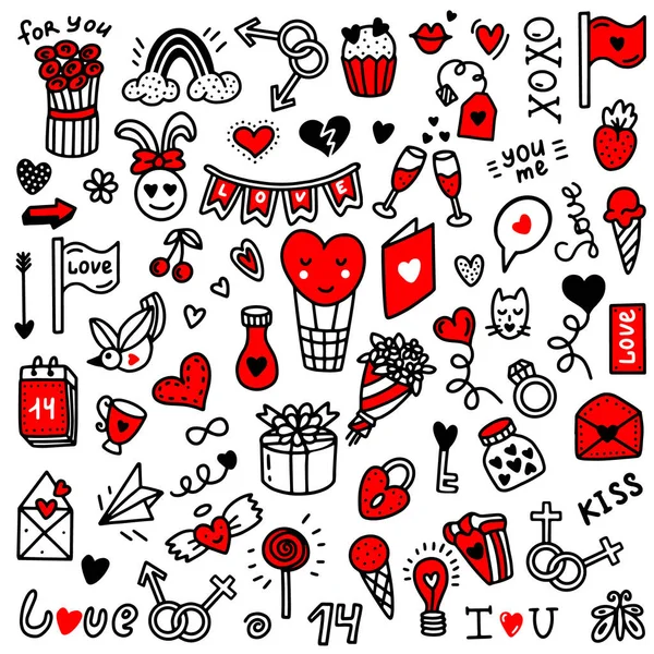 Alla hjärtans dag älskar klotter. Vektor illustration i klotter stil. Design för alla hjärtans dag, bröllop, gratulationskort — Stock vektor