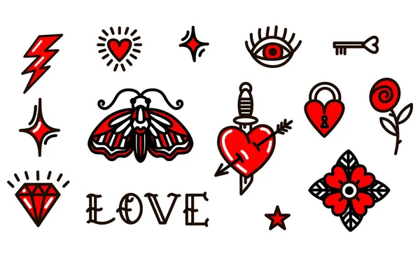 Alla hjärtans dag gamla skolan set. Vektor illustration för alla hjärtans dag Design, klistermärken, tatueringar — Stock vektor