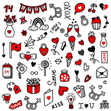  Sevgililer Günü aşk ikonları ayarlandı. Karalama tarzında vektör illüstrasyonu. Sevgililer Günü, Düğün, Tebrik Kartları İçin Tasarım