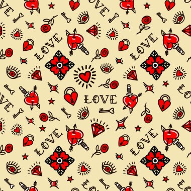 Aşk sembollü eski moda dövme deseni.