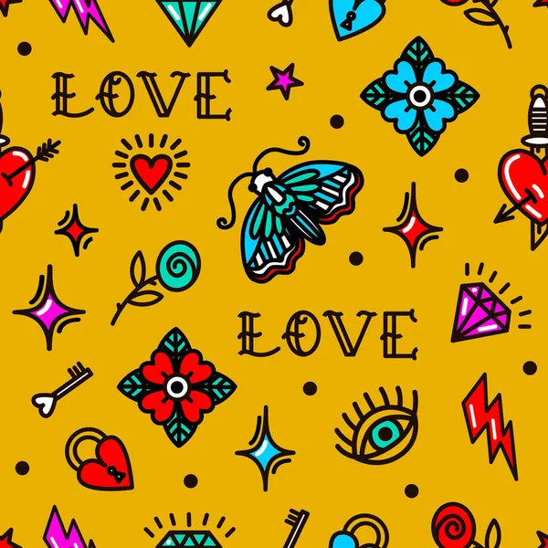 Old school tattoo patroon met liefde symbolen — Stockvector