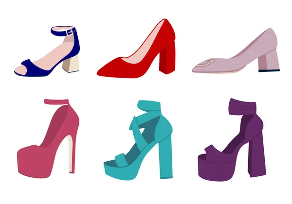 Juego de zapatos de tacón alto. Ilustración vectorial plana. Zapatos de tacón alto para mujer — Vector de stock