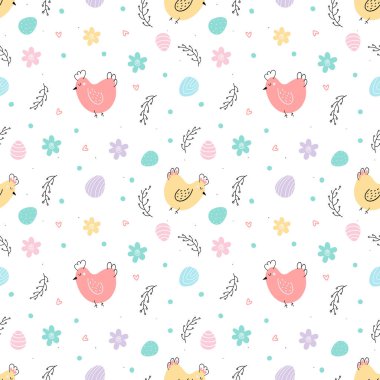 Tavuk ve yumurtalar paskalya aromalı. Şirin çizgi film vektör düz çizim. Paskalya ve ambalaj kağıtları için tasarım