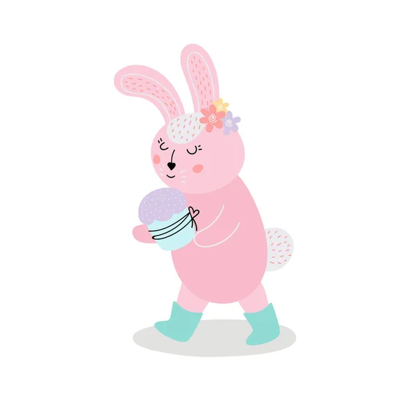Niedliche rosa Hase hält eine Ostertorte. Der Osterhase. Design für Ostern. Flache Vektorabbildung — Stockvektor