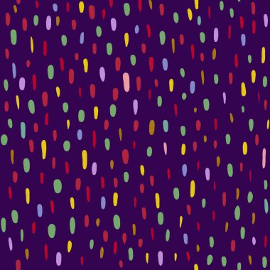  Çok renkli noktaların kusursuz deseni, lekeler, lekeler, koyu arkaplandaki ovalar. Soyut model. El çizimi vektör illüstrasyonu