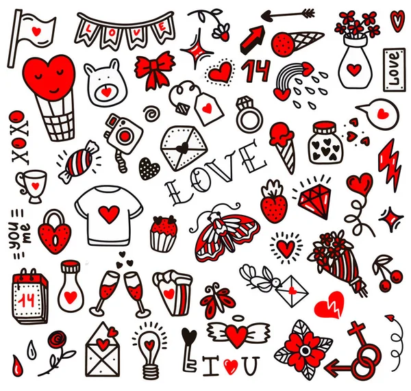 Valentijnsdag liefdesset. Vector illustratie in doodle stijl. Ontwerp voor Valentijnsdag, Bruiloft, wenskaarten — Stockvector