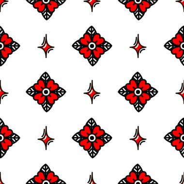  Kırmızı çiçek tarzı eski moda dövme deseni. Karalama.