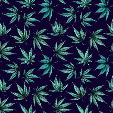  Kenevir mavi arka planda, pürüzsüz bir desen. Mavi arka planda elle çizilmiş siyah ve beyaz kenevir yaprakları.