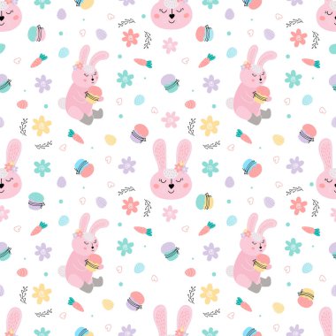 Tavşanlı, pastalı, yumurtalı, söğütlü paskalya deseni. Paskalya tavşanları Paskalya pastalarını süsleyip yumurta çalarlar. El yapımı vektör çizimleri. Paskalya arkaplanı