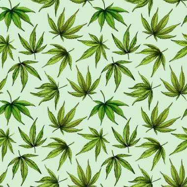 Yeşil arka planda kusursuz yeşil kenevir yaprakları. Yeşil kenevir yaprakları. El çizimi çizimi. Dikensiz kenevir yaprağı deseni. Marihuana deseni.