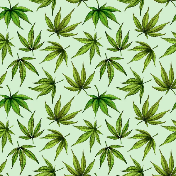 Sömlöst mönster av gröna cannabisblad på en grön bakgrund. Gröna hampblad. Handritad illustration.Det sömlösa mönstret för cannabisblad.marijuana — Stockfoto