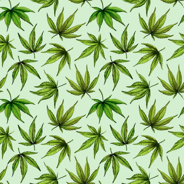 Yeşil arka planda kusursuz yeşil kenevir yaprakları. Yeşil kenevir yaprakları. El çizimi çizimi. Dikensiz kenevir yaprağı deseni. Marihuana deseni.