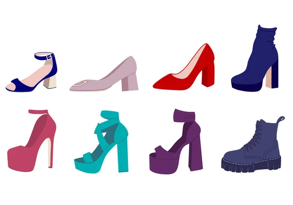 Sepatu hak tinggi siap. Ilustrasi vektor datar. Wanita Sepatu Bertumit Tinggi - Stok Vektor