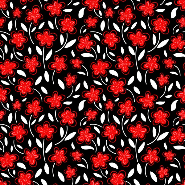 红洋甘菊花在黑色背景上的无缝图案。 — 图库矢量图片