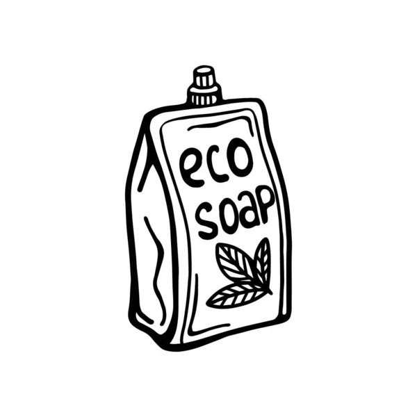 Kézzel rajzolt csomagolás folyékony szappannal, fehér alapon elkülönítve. Vektor illusztráció a Doodle stílusban. — Stock Vector