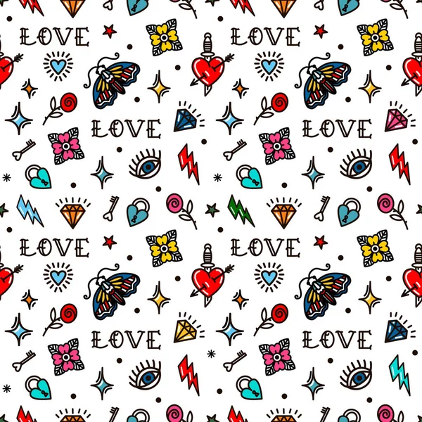 Old school tattoo seamless pattern with love symbols. Design For Valentines Day — Stock Photo, Image