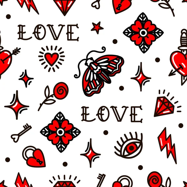 Patrón sin costuras tatuaje de la vieja escuela con símbolos de amor. Diseño para el día de San Valentín —  Fotos de Stock