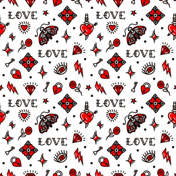 Old school tattoo seamless pattern with love symbols. Design For Valentines Day — Stock Photo, Image