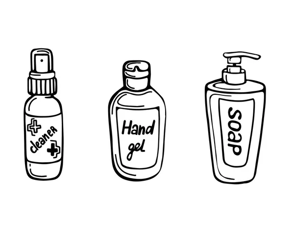 Hand desinfectie kit: desinfecterend middel, schoner, antibacteriële zeep. Handgetekende vector illustratie in doodle stijl. Ontwerp voor het drukken — Stockvector