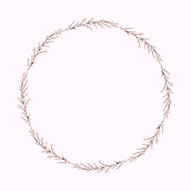 Söğüt çelengi. Söğüt dallarından yapılmış yuvarlak çerçeve. Söğüt saplarından yapılmış Paskalya çelengi. Kartpostallar için dizayn edilmiş..