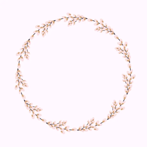 Willow wreath. Round frame made of willow twigs.Easter wreath made of willow stalks.Design for postcards, printing. — Stock Vector