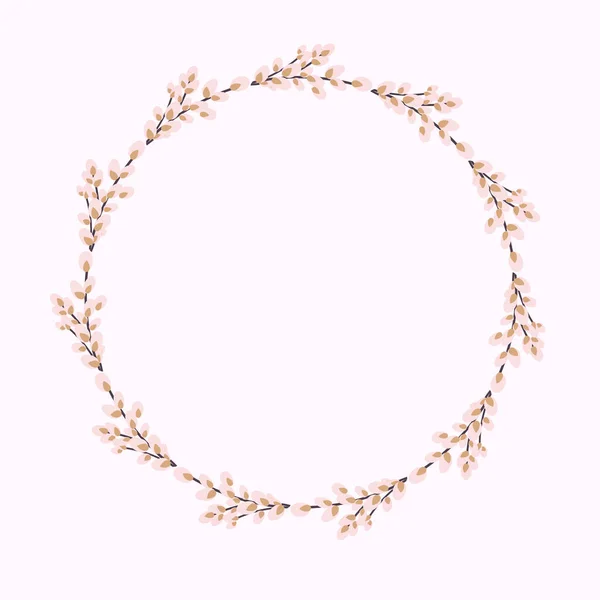 Willow wreath. Round frame made of willow twigs.Easter wreath made of willow stalks.Design for postcards, printing. — Stock Vector