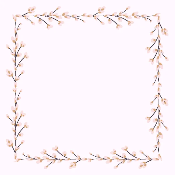 Square frame made of willow twigs. Square Easter Frame.Vector flat illustration isolated on a white background. Design for invitations, postcards, printing. — Stock Vector