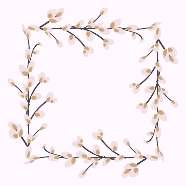 Square frame made of willow twigs. Square Easter Frame.Vector flat illustration isolated on a white background. Design for invitations, postcards, printing. — Stock Vector