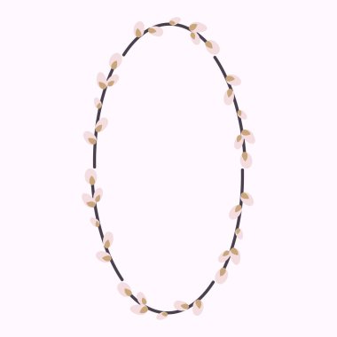 Söğüt ağacının oval çelengi. Söğüt çelengi. Söğüt sapından yapılmış Paskalya çelengi. Düz çizim. Davetiyeler, kartpostallar, yazdırma için tasarım