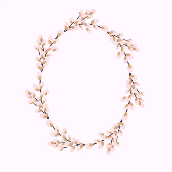 Willow wreath. Oval frame made of willow twigs. Easter wreath made of willow stalks.Vector flat illustration. Design for invitations, postcards, printing. — Stock Vector