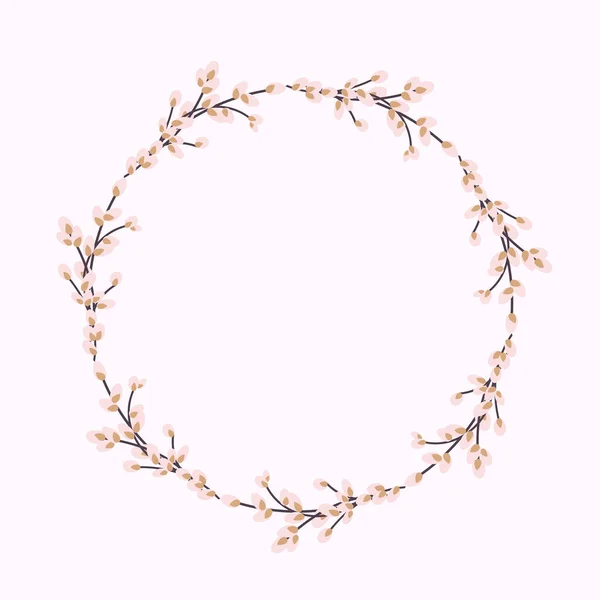 Willow wreath. Round frame made of willow twigs.Easter wreath made of willow stalks.Design for postcards, printing. — Stock Vector